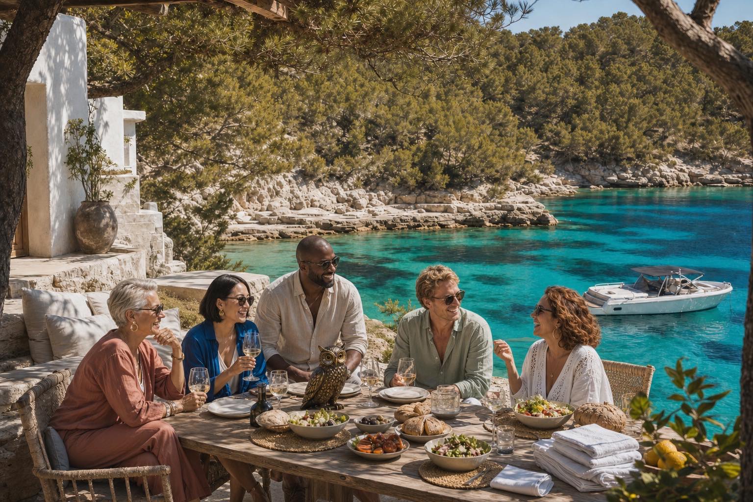 A multigenerational group of friends sharing a Mediterranean lunch above a clear Ibiza cove, with a boat waiting below and a brass owl on the table