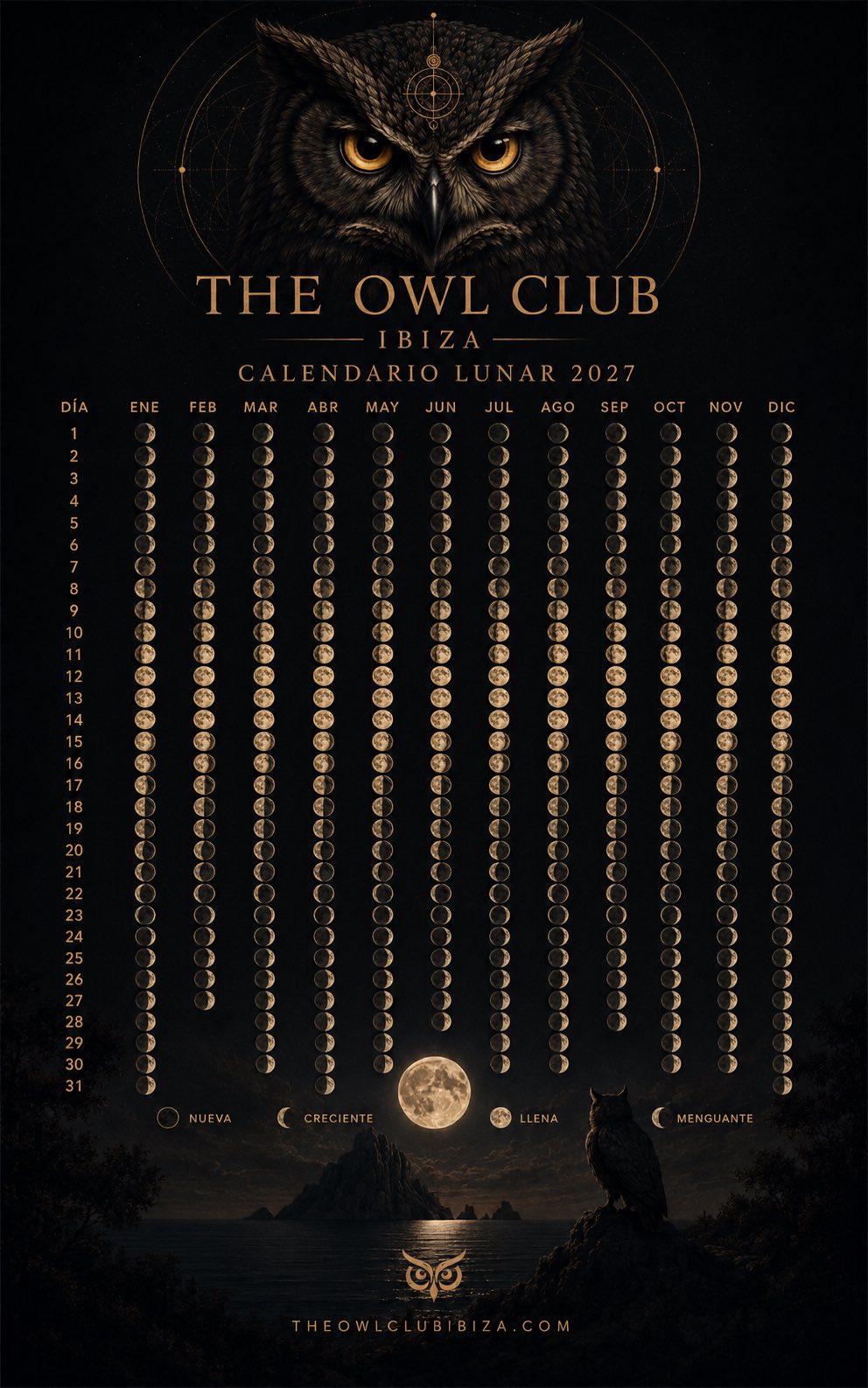The Owl Club Ibiza lunar calendar poster, 2027